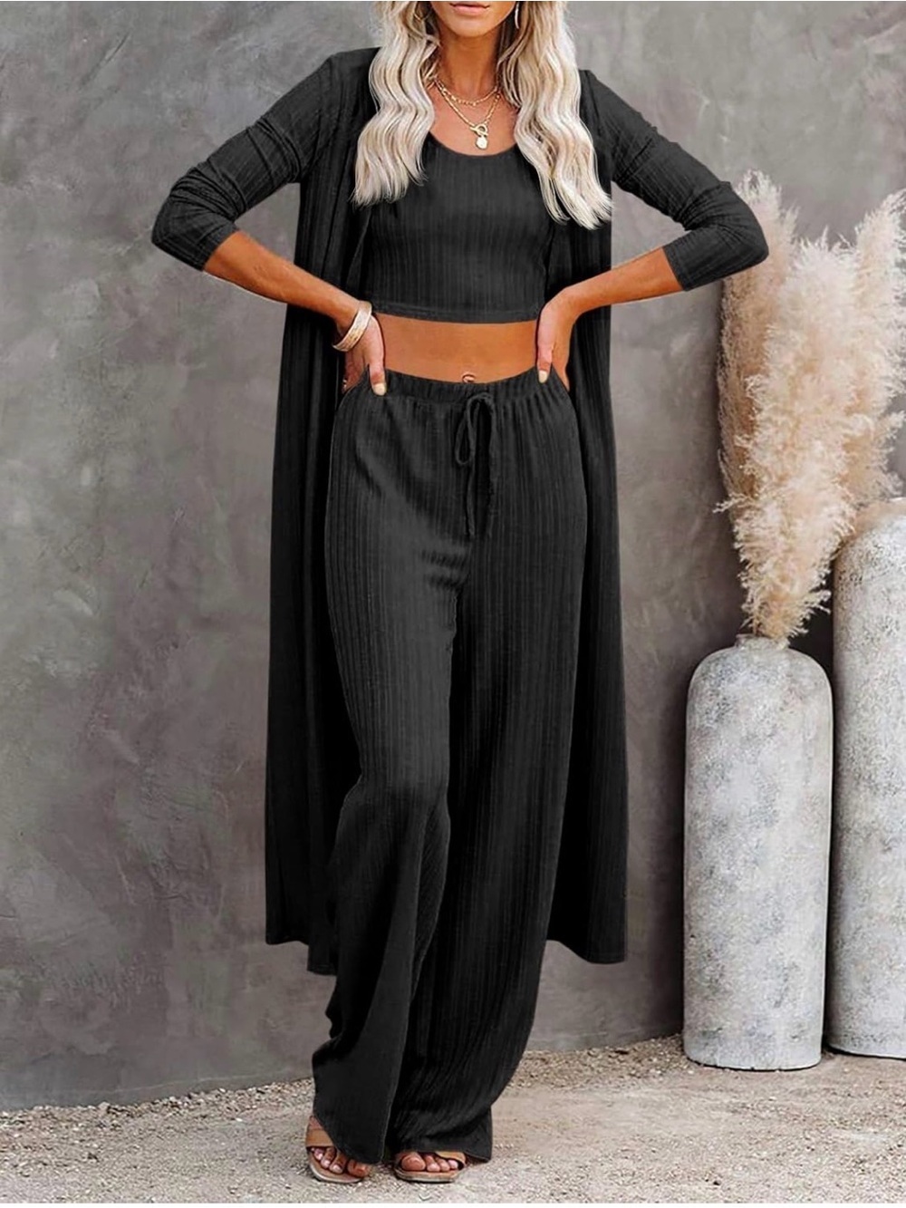 3 piece lounge set - Long sleeve cardigan, cropped top, wide leg pants. Size Sm